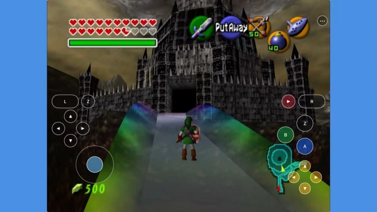 Mobil ekranda Zelda oyununun kale önündeki oynanış görüntüsü